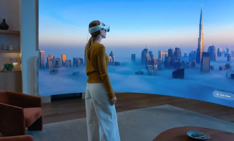Woman wearing VR headset views Dubai skyline in virtual reality.