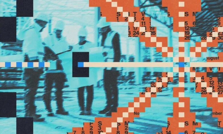 Abstract image of construction workers overlaid with calendar dates.