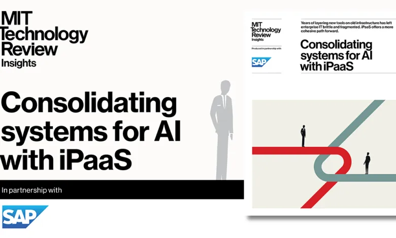 MIT Technology Review Insights report cover on AI systems consolidation with iPaaS.
