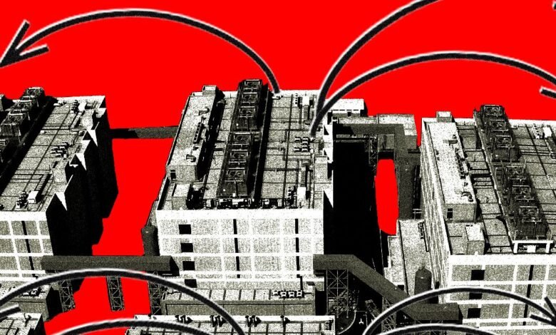 Abstract illustration of industrial buildings with curved arrows on red.