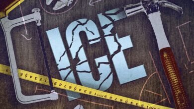 Overhead shot of tools and cracked 'ICE' text on a dark surface.