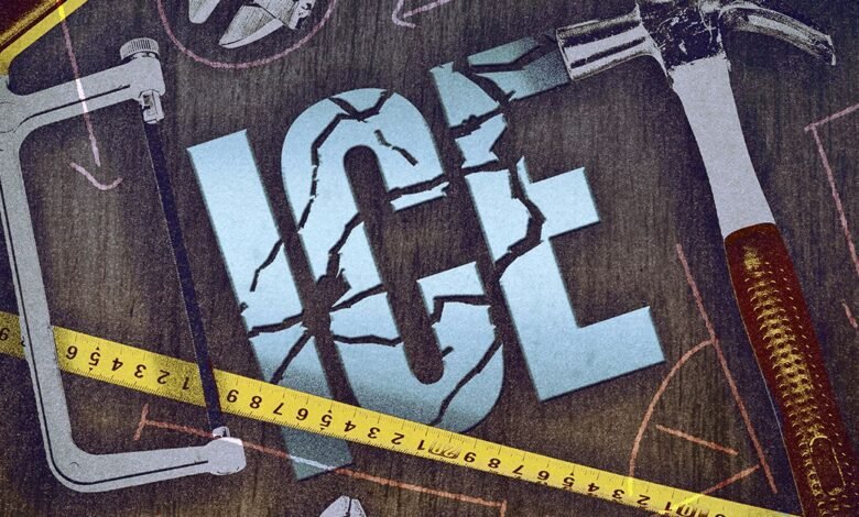 Overhead shot of tools and cracked 'ICE' text on a dark surface.
