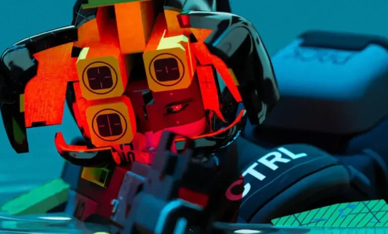 Close-up of futuristic robot character with glowing red eye.