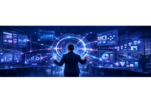 Person in suit interacts with glowing data displays in futuristic office.