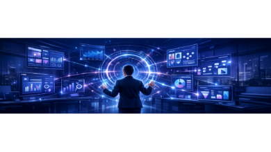 Person in suit interacts with glowing data displays in futuristic office.