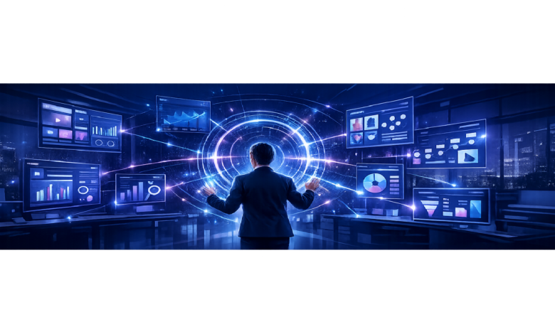 Person in suit interacts with glowing data displays in futuristic office.