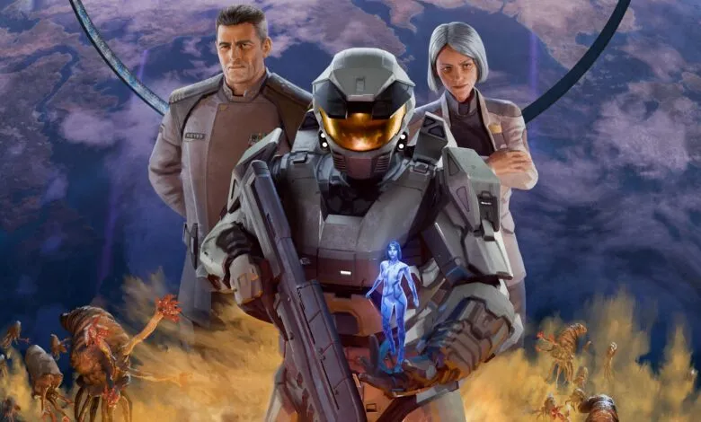 Halo cover art featuring Master Chief, Cortana, Captain Keyes, and Dr. Halsey.