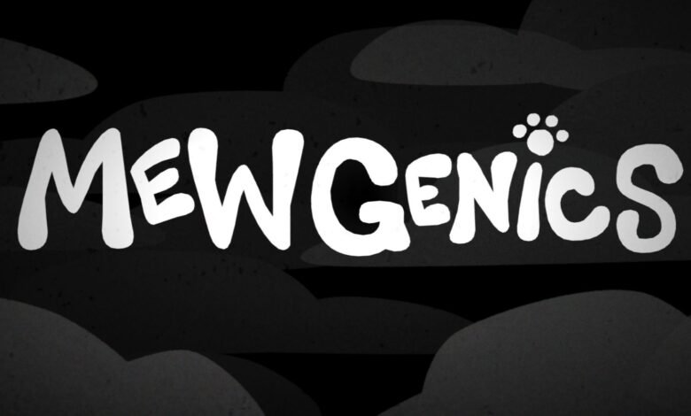 Mewgenics title card in white text with paw print on black background.