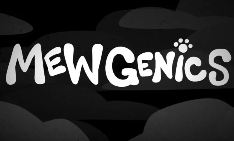 Mewgenics title card in white text with paw print on black background.