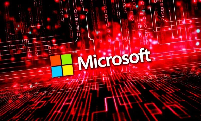 Microsoft logo against a red digital background with binary code.