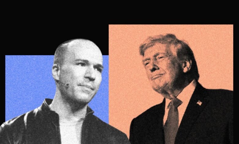 Split image of Greg Brockman and Donald Trump with textured backgrounds.