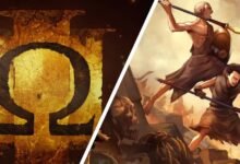 Split image: Omega symbol on left, warriors fighting skeletons on right.