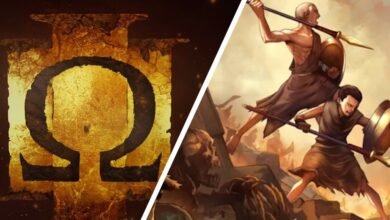 Split image: Omega symbol on left, warriors fighting skeletons on right.