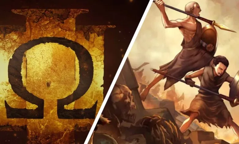 Split image: Omega symbol on left, warriors fighting skeletons on right.