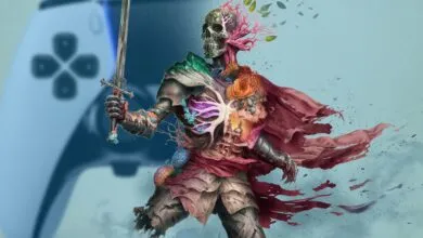 Fantasy art of a skeletal knight with floral elements, holding a sword, with a blurred controller in the background.