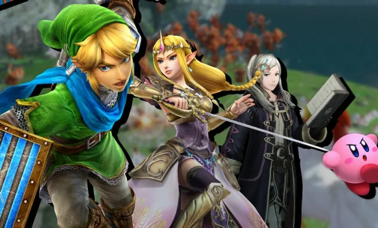 Link, Zelda, Robin, and Kirby pose dynamically against a blurred background.