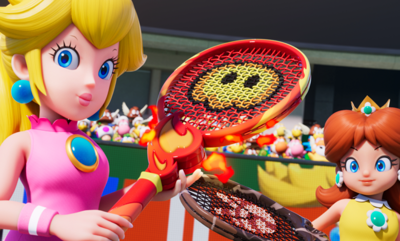 Princess Peach and Daisy face off in Mario Tennis, rackets ready.