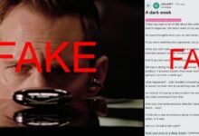 Screenshot of a Reddit post labeled 'FAKE' over a blurred face.