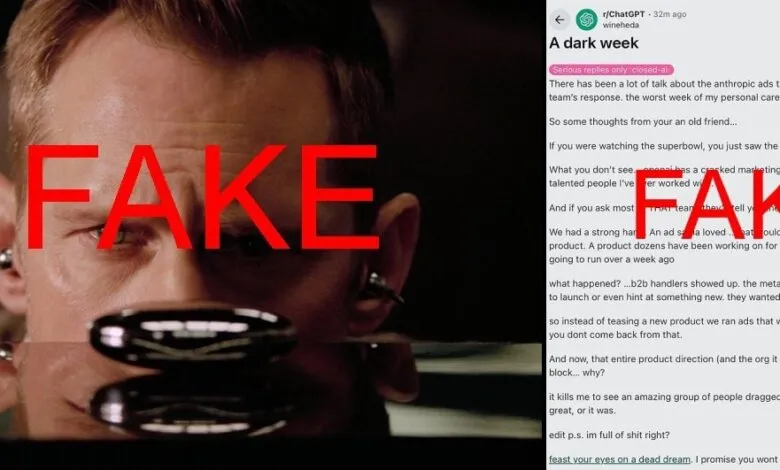 Screenshot of a Reddit post labeled 'FAKE' over a blurred face.