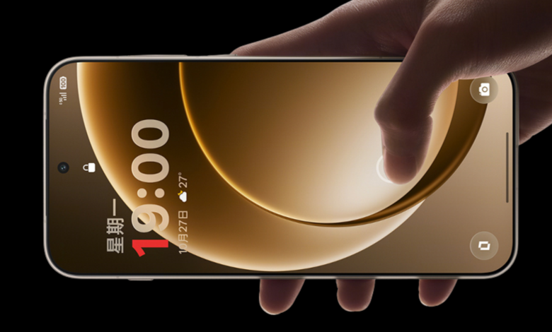 Hand interacts with smartphone screen showing time and date.