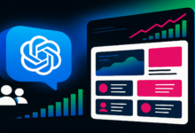 ChatGPT logo, user icons, and data dashboard showing growth and engagement.