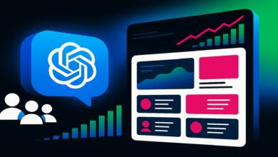 ChatGPT logo, user icons, and data dashboard showing growth and engagement.