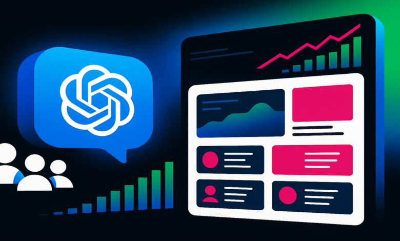 ChatGPT logo, user icons, and data dashboard showing growth and engagement.