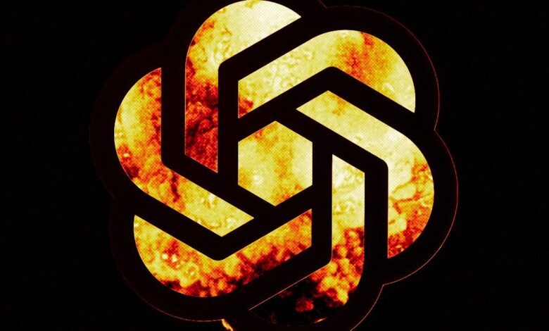 OpenAI logo filled with fiery explosion effect on black background.