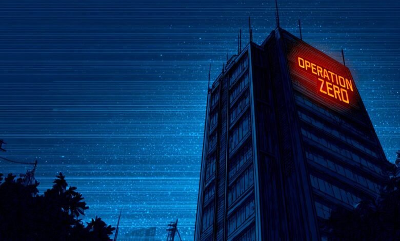 Tall building with 'Operation Zero' in red neon against a dark blue, starry sky.