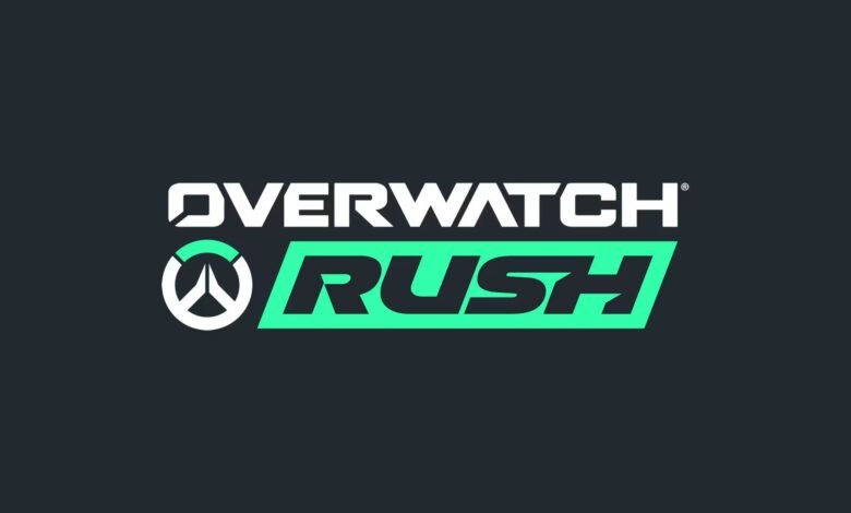 Overwatch Rush logo in white and green on a dark gray background.