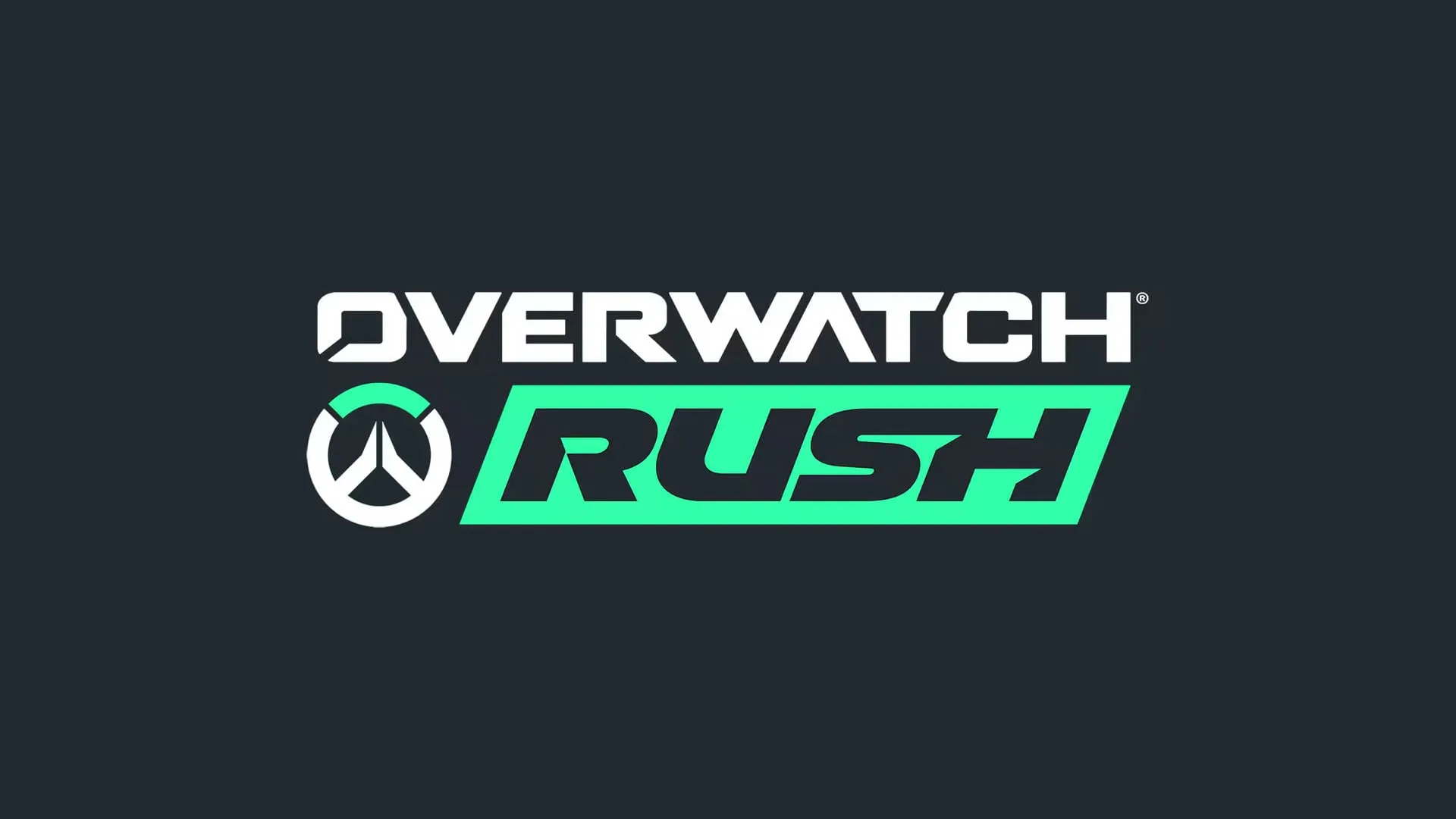 Overwatch Rush logo in white and green on a dark gray background.
