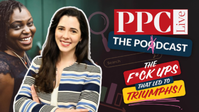 Two women smiling in front of a PPC podcast graphic.