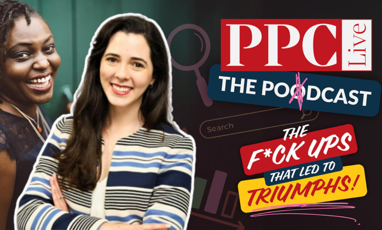 Two women smiling in front of a PPC podcast graphic.