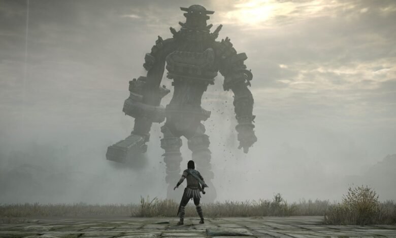 A lone warrior faces a towering stone colossus in a misty landscape.