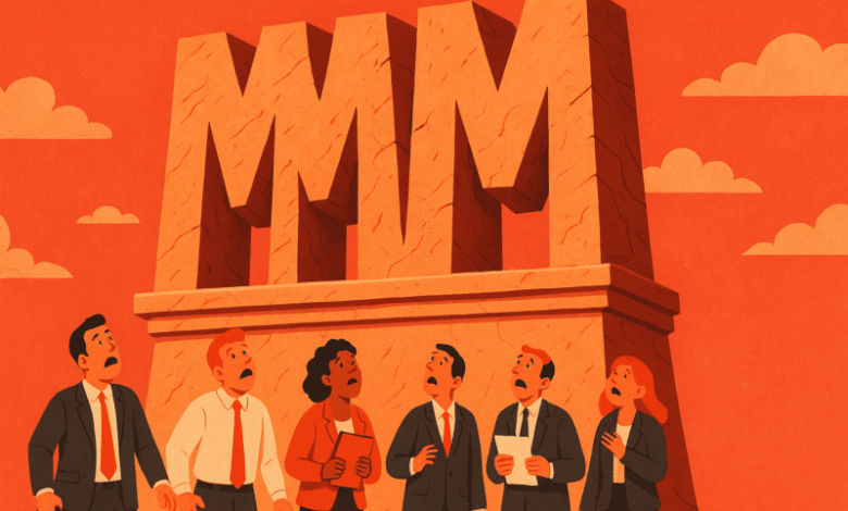 Business people look up in fear at a giant MMM statue against an orange sky.