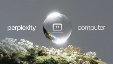 Perplexity Computer logo with a sphere above a field of flowers.