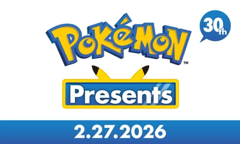 Pokemon Presents logo with Pikachu ears and '30th' anniversary bubble.