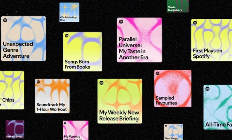 Spotify playlist covers with titles like 'Unexpected Genre Adventure' and 'All-Time Favs'.
