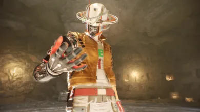 Robot character with a futuristic hat and exposed arm circuitry reaches out.