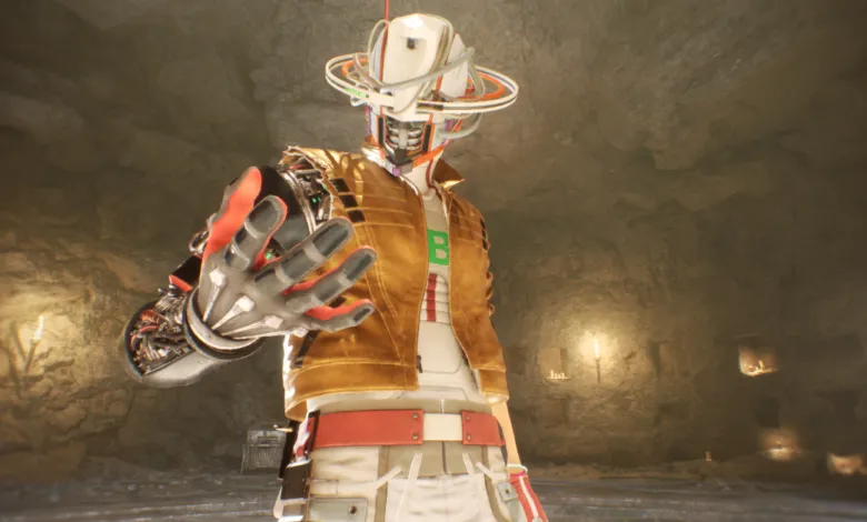 Robot character with a futuristic hat and exposed arm circuitry reaches out.