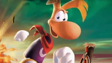 Rayman character close-up with floating limbs and a determined expression.
