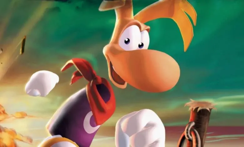 Rayman character close-up with floating limbs and a determined expression.