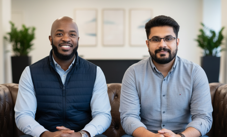 Two smiling men sit side-by-side on a leather couch in a bright, modern office setting.