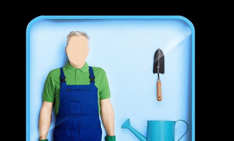 Faceless gardener in overalls with trowel and watering can.