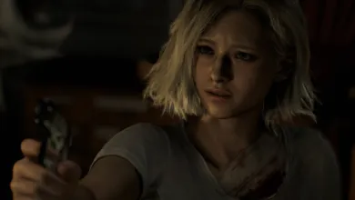 Jill Valentine, looking distressed, holds a gun in a dimly lit environment.