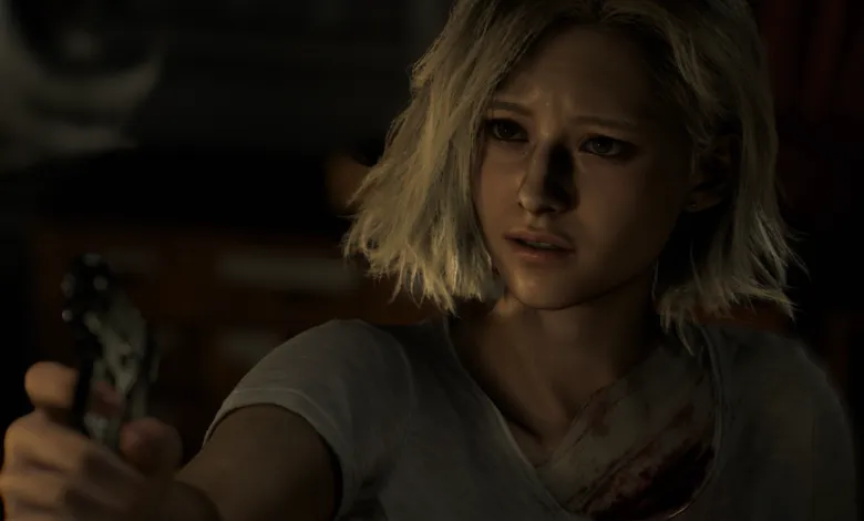 Jill Valentine, looking distressed, holds a gun in a dimly lit environment.