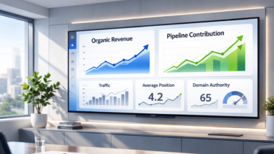 Large screen displays SEO metrics in a modern office setting.
