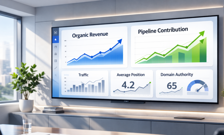 Large screen displays SEO metrics in a modern office setting.