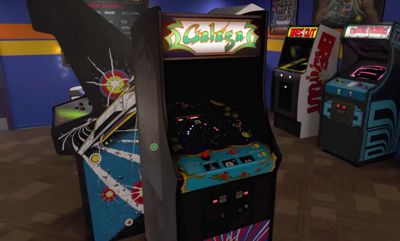 Galaga arcade game in a retro arcade setting with other classic games.