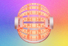 LED hair growth helmet with red lights on a colorful background.